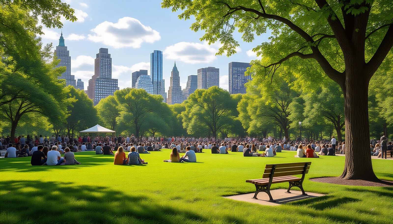 Vibrant City Park Crowd Under Blue Sky in Photorealistic Sty...