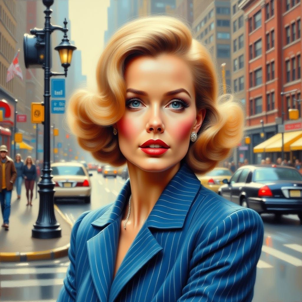 1950s Woman in Blue Suit, Impressionistic Oil