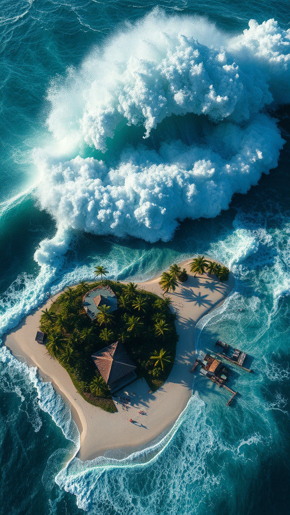 Tsunami Approaching Tropical Island in Hokusai Style