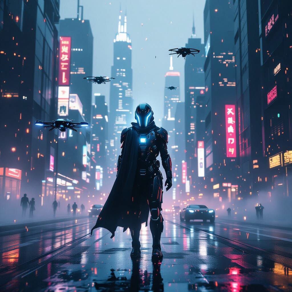 Mysterious Figure in Neon-Lit Futuristic City