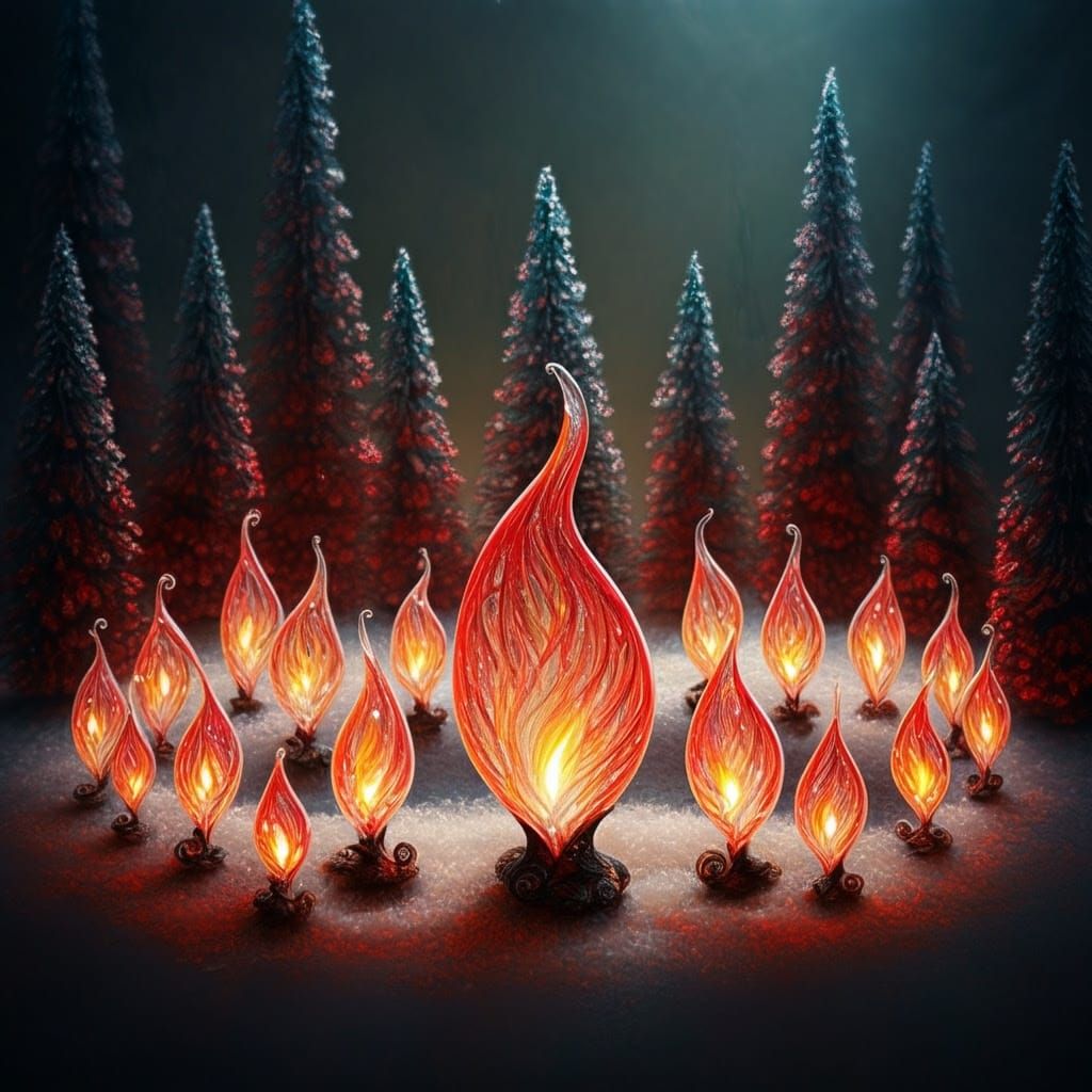 Whimsical Glass Ornaments Surround Mystical Pine Trees in Wi...