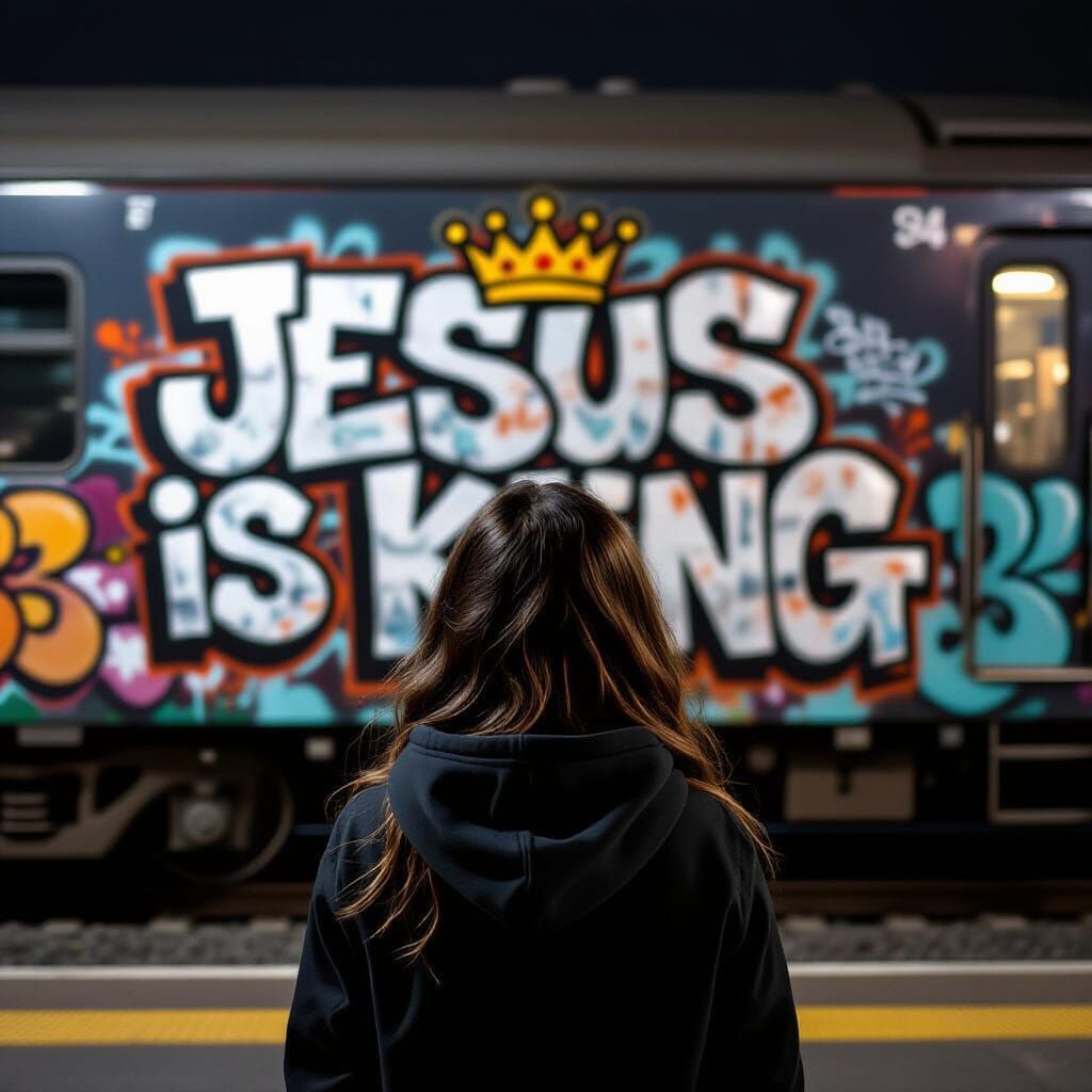 Girl Gazes at Graffiti Train Midnight