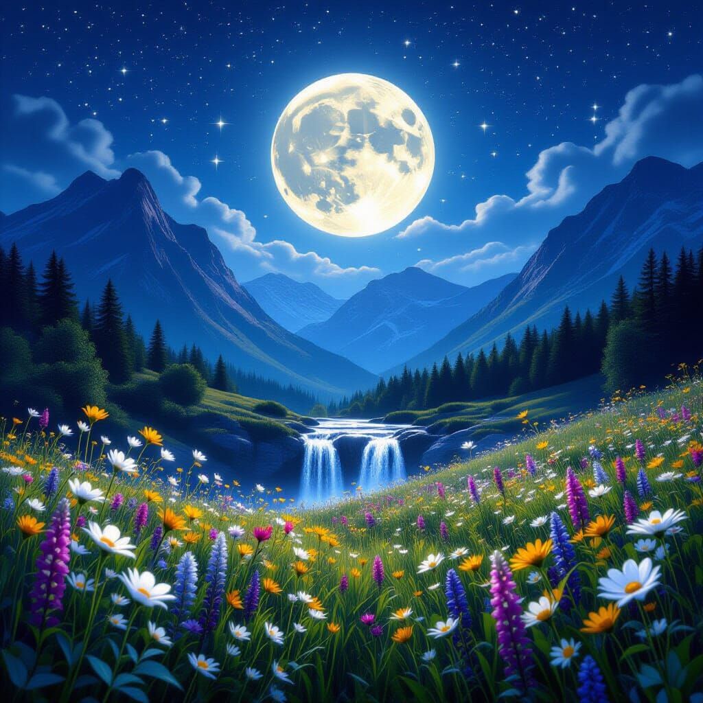 Luminous Full Moon Over Enchanted Meadow