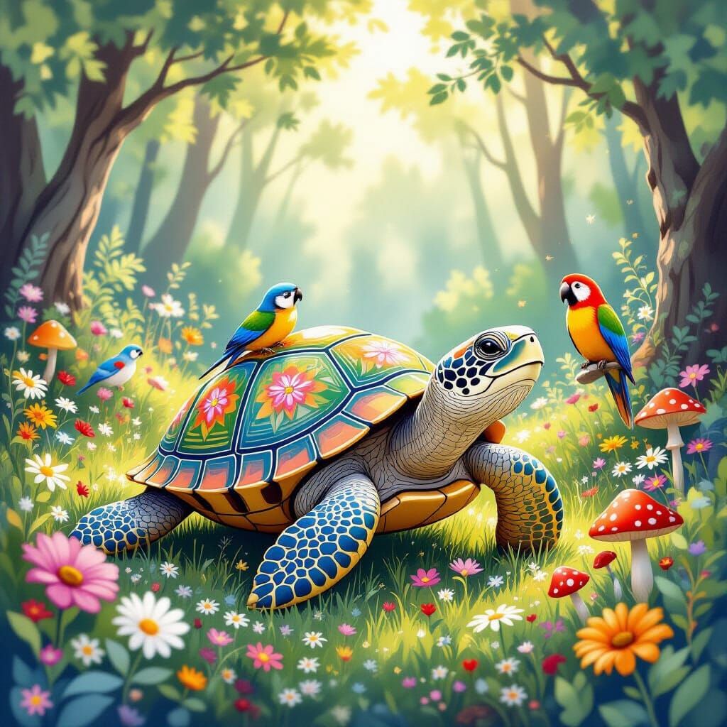 Floral Turtle Serenade in Sun-Dappled Forest