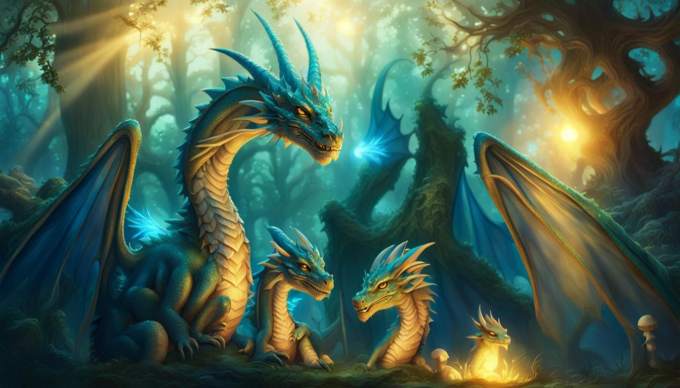 Dragon Family in Mystical Forest Concept Art