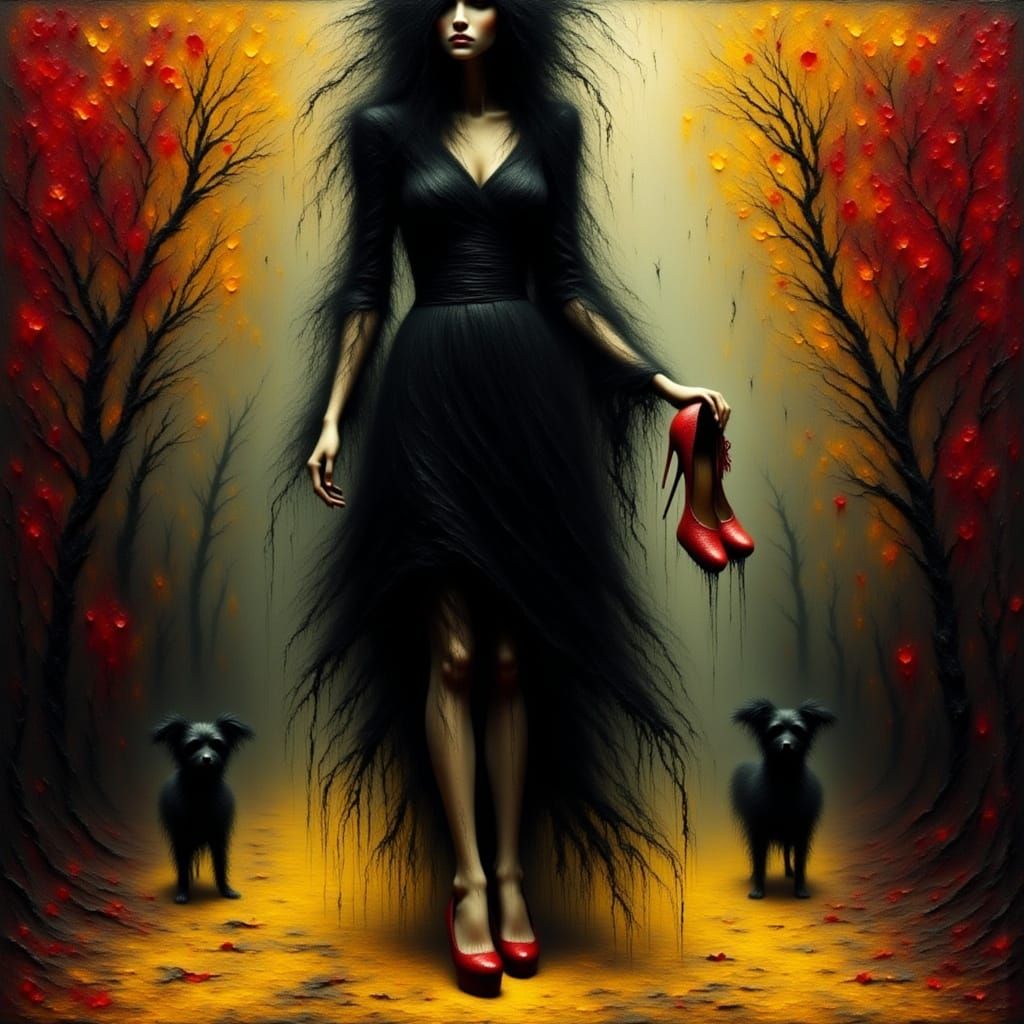 Gothic Portrait of Woman on Yellow Brick Road