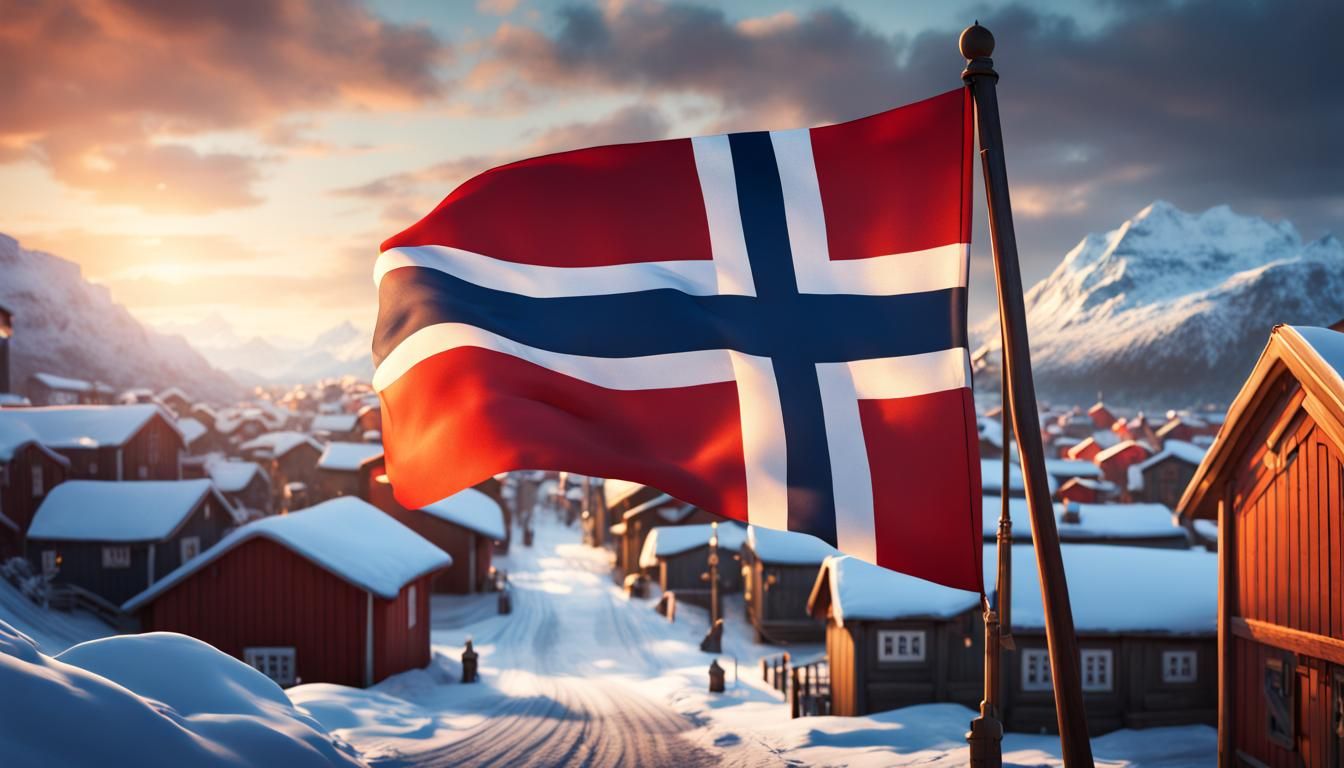 Norwegian Flag in Viking Town: Hyperrealistic Splash Art