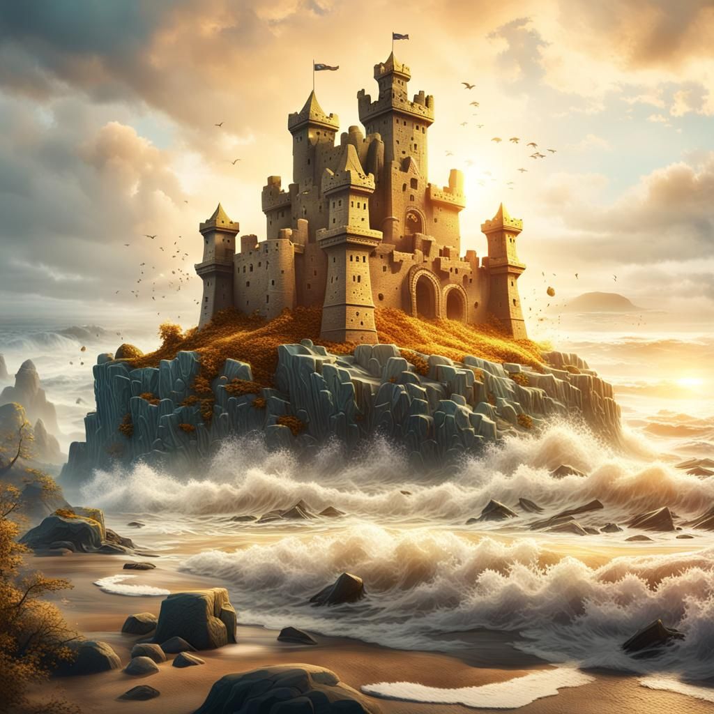 Majestic Sand Castle on Rocky Coast: 3D Fantasy Art