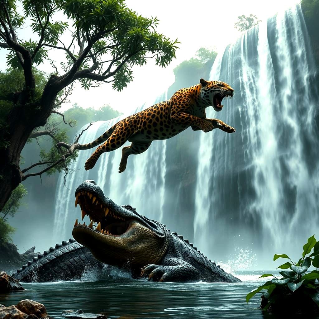 Jaguar Attacks Crocodile in Waterfall: Photorealistic Image