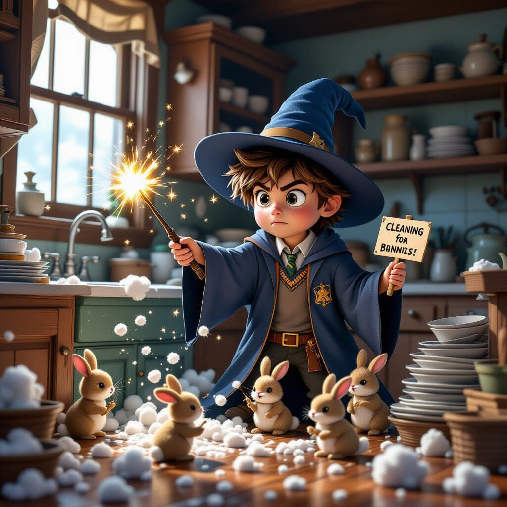 A young wizard invents spells to clean their home — but each...