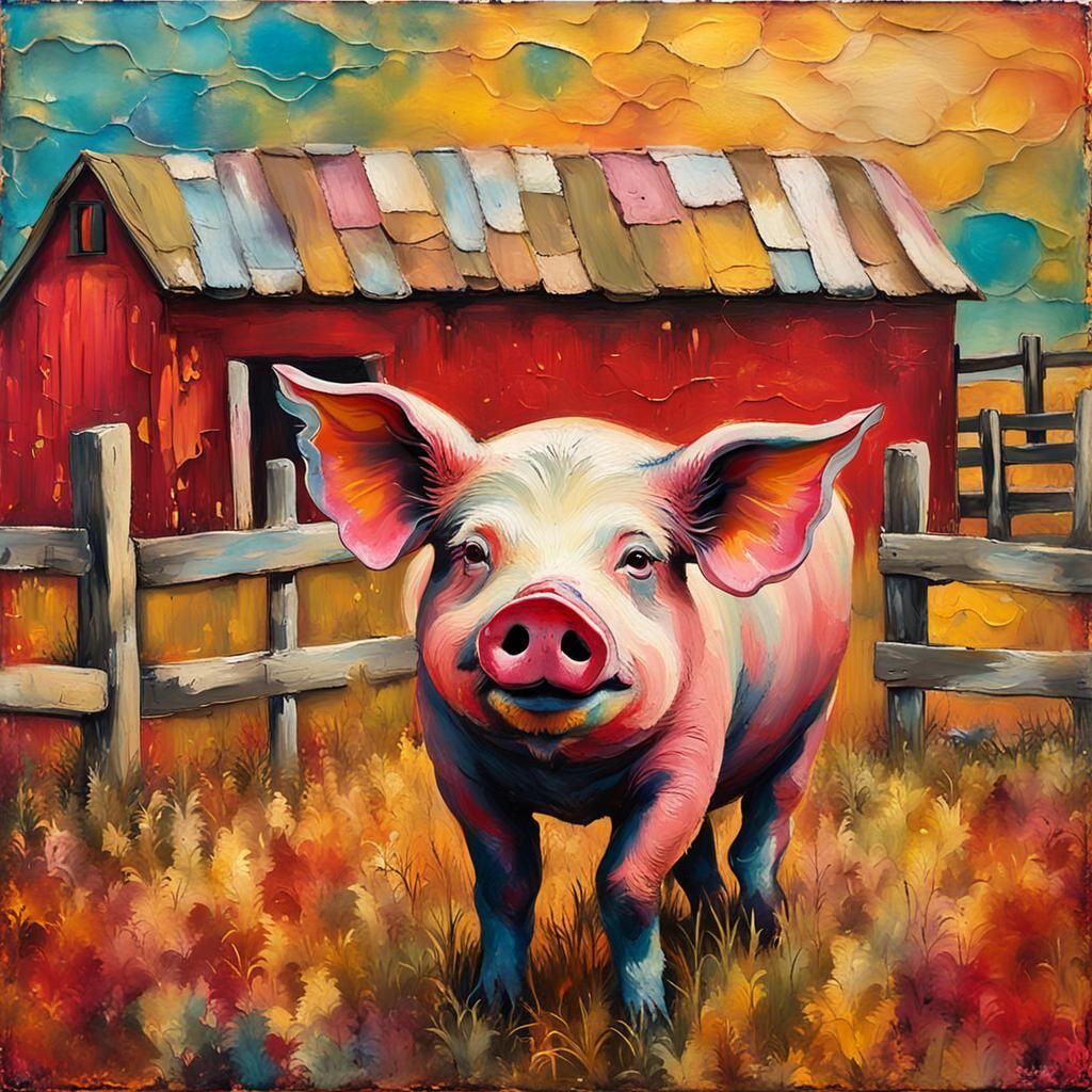 Pig in Barnyard: Folk Art Encaustic Painting