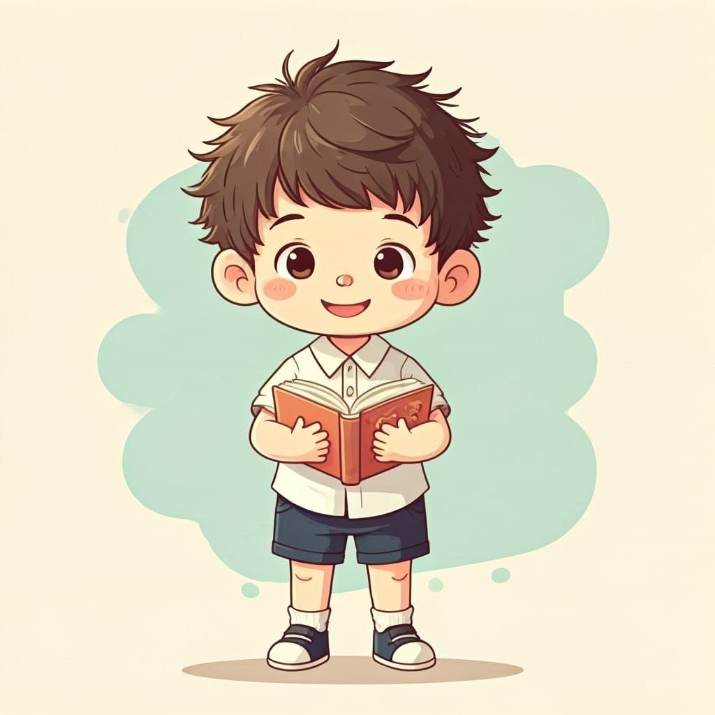 Whimsical Boy with Book in Soft Pastel Hues