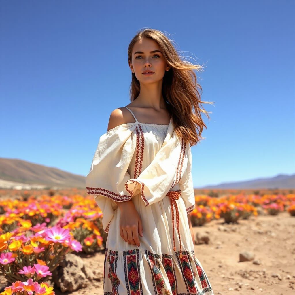 Woman in Greek Dress in Chilean Desert Landscape