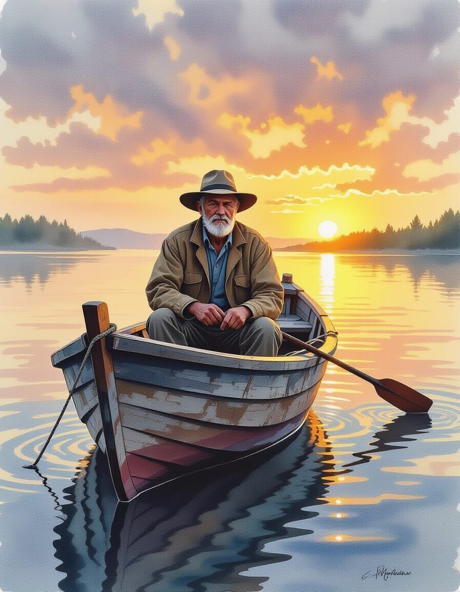 Old Fisherman in Boat at Dawn, Watercolor Portrait