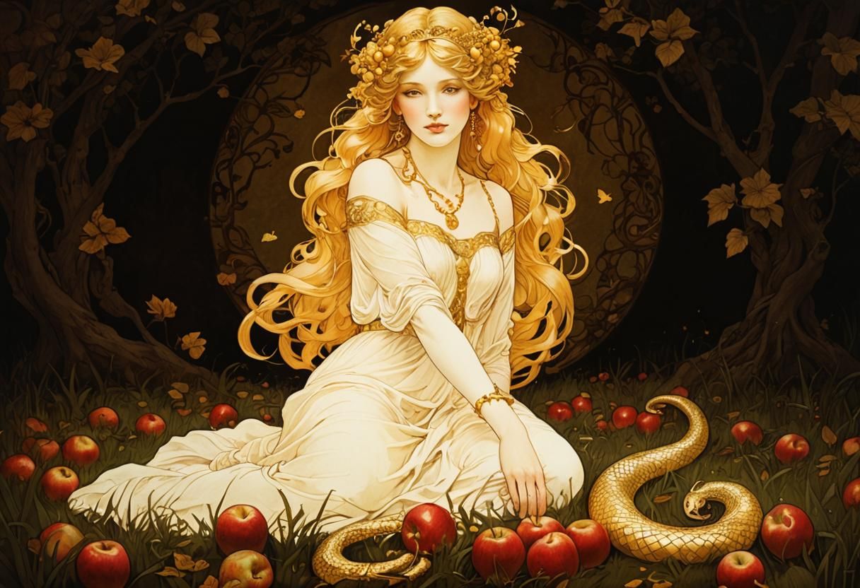Art Nouveau Portrait of Golden Beauty in Eden