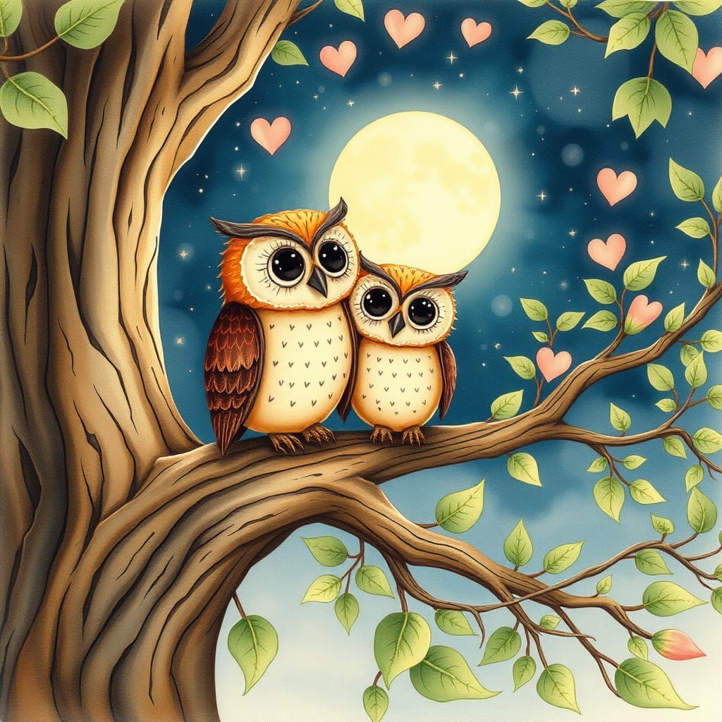 Whimsical Owls Under Starry Skies, in Watercolor Style, Clas...