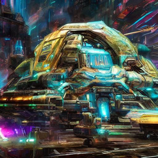 Neon Cyborgs Repairing Tank on Neptune in Cyberpunk Style