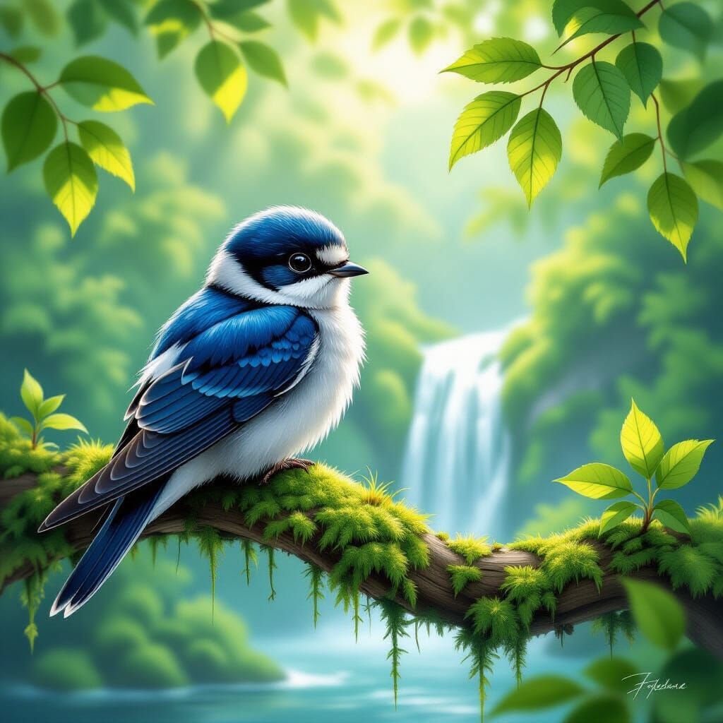 Baby Swallow Gazes at Waterfall in Airbrush Art Style
