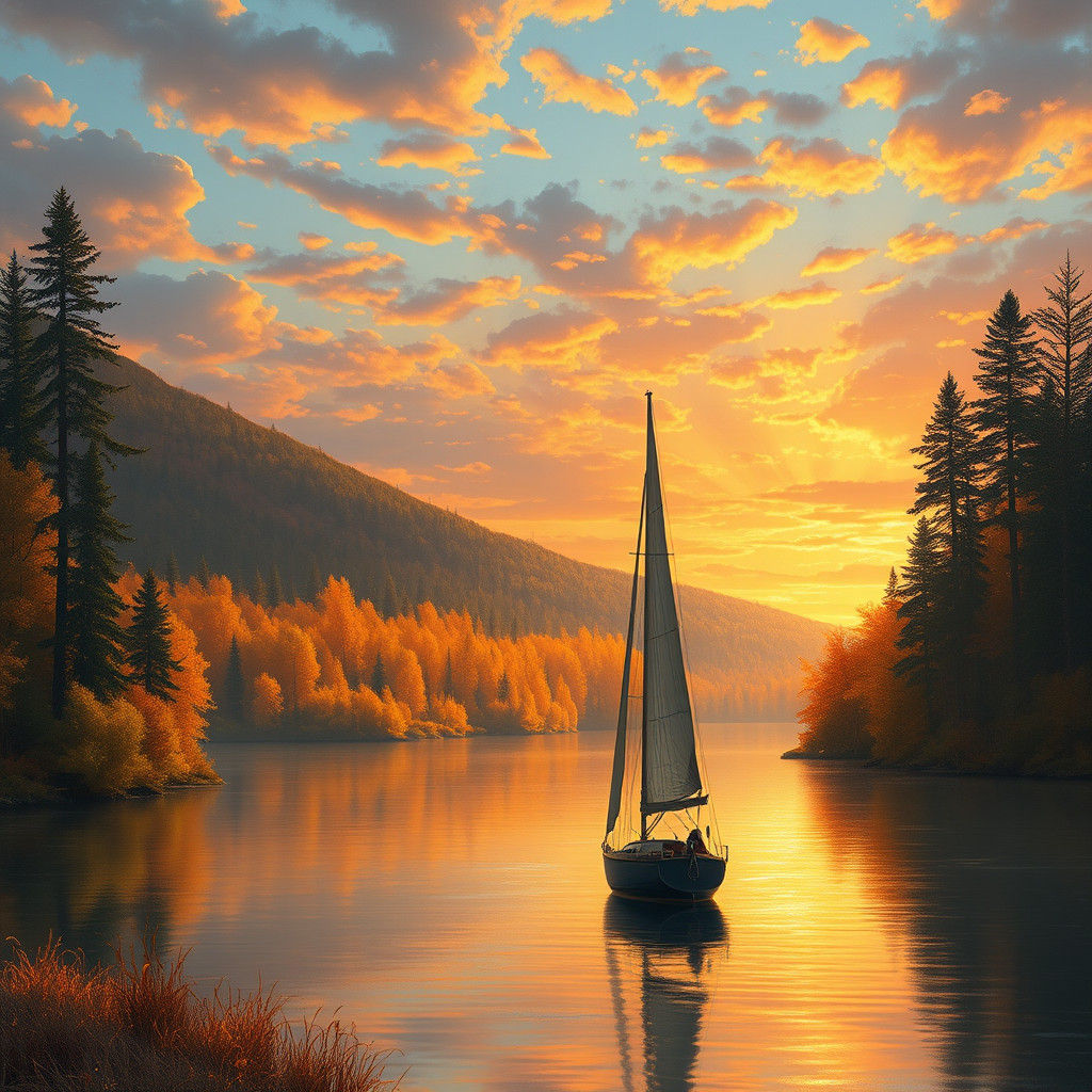 Autumn Forest Lake at Sunset in Romantic Style