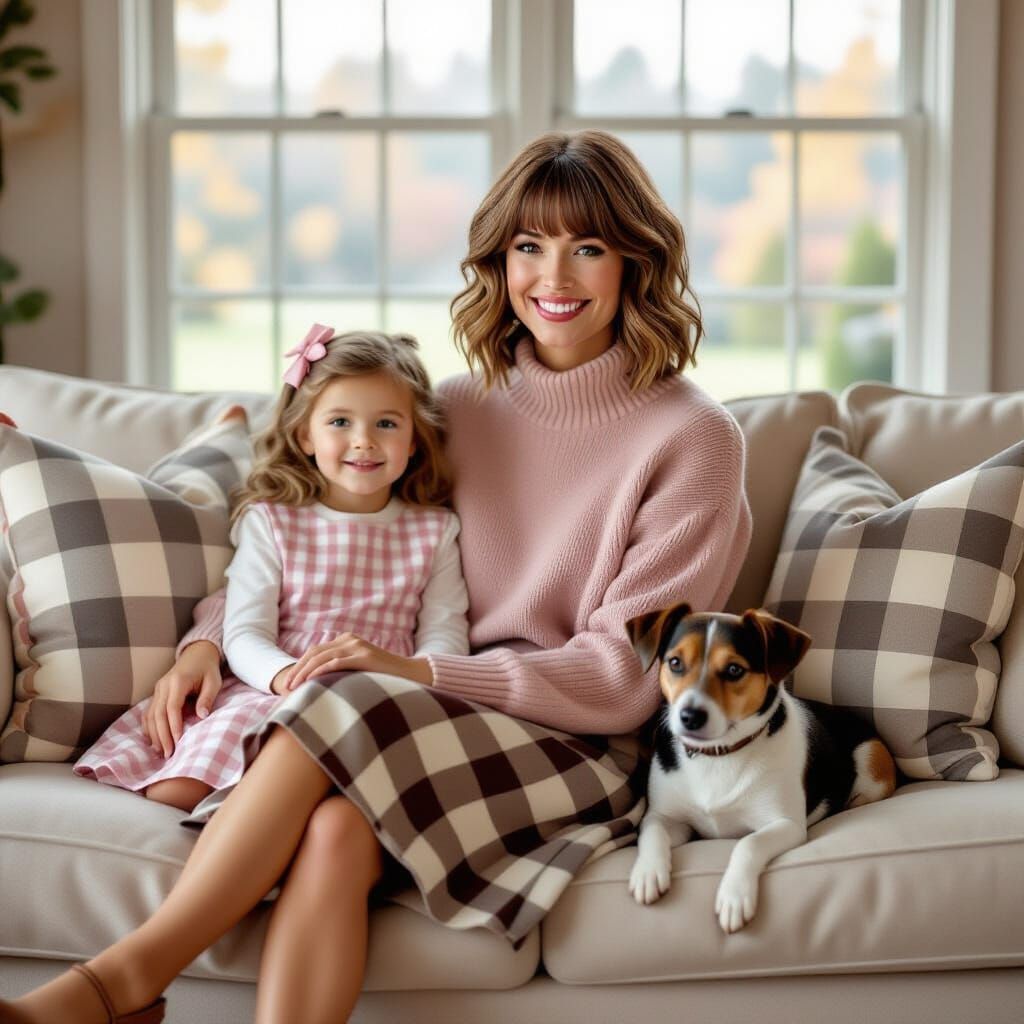 Idyllic Family Scene with Woman, Girl, and Dog