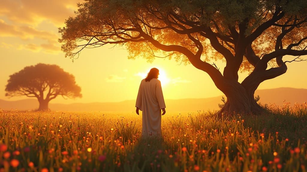 Jesus in Golden Wheat Field, Dreamlike Matte Painting