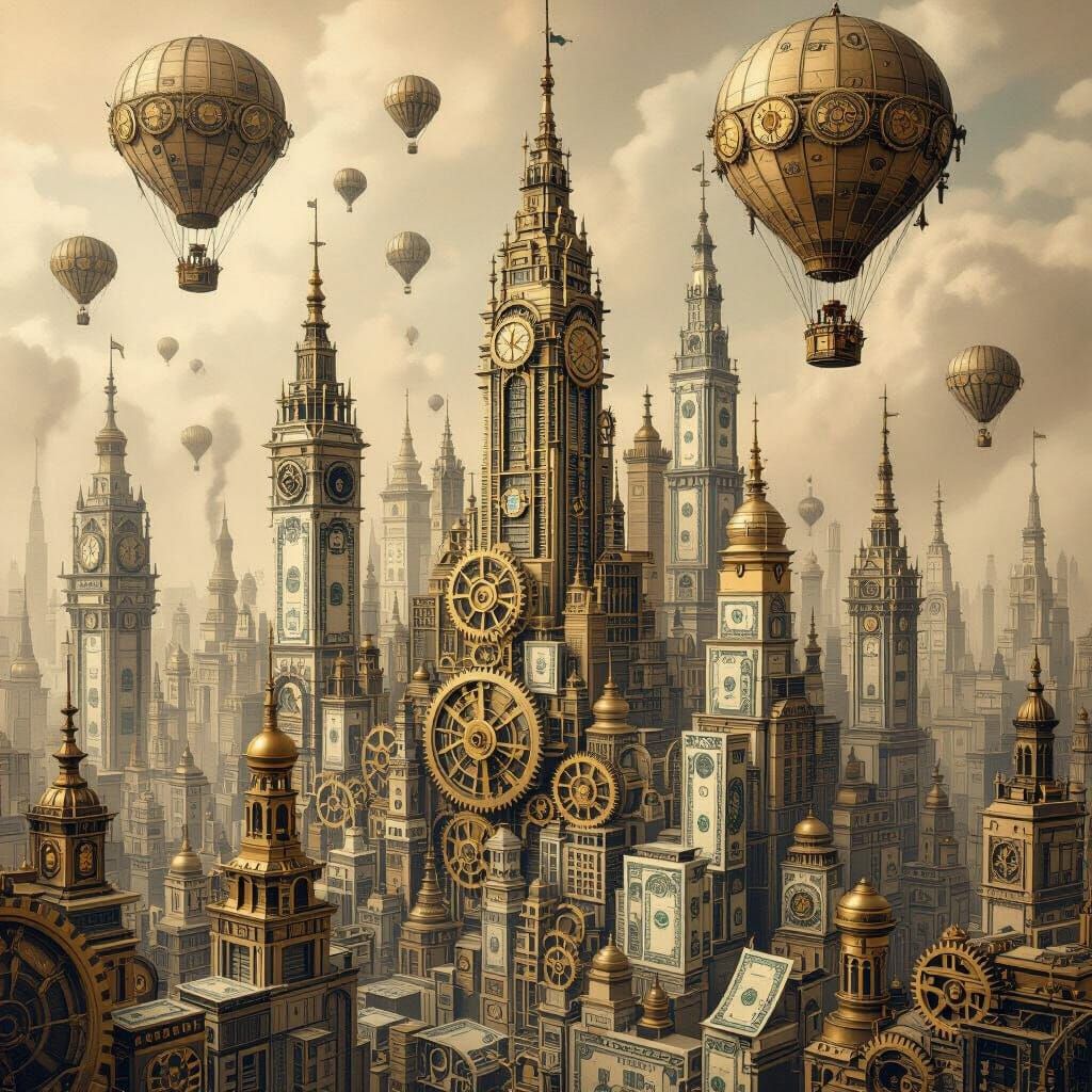 Steampunk Cityscape of Gears and Money in Sepia Etching Styl...