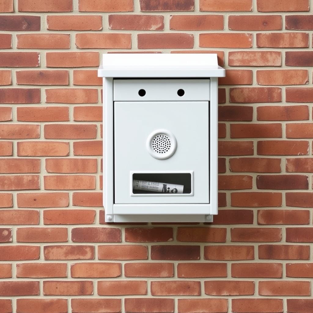 Whimsical White Mailbox Face on Brick Wall