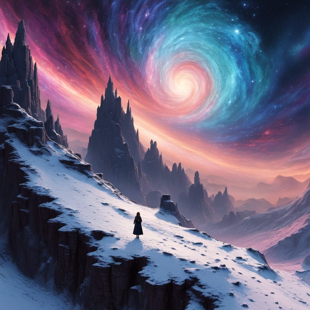 Lone Figure Overlooking Stardust Vortex as Impasto Painting