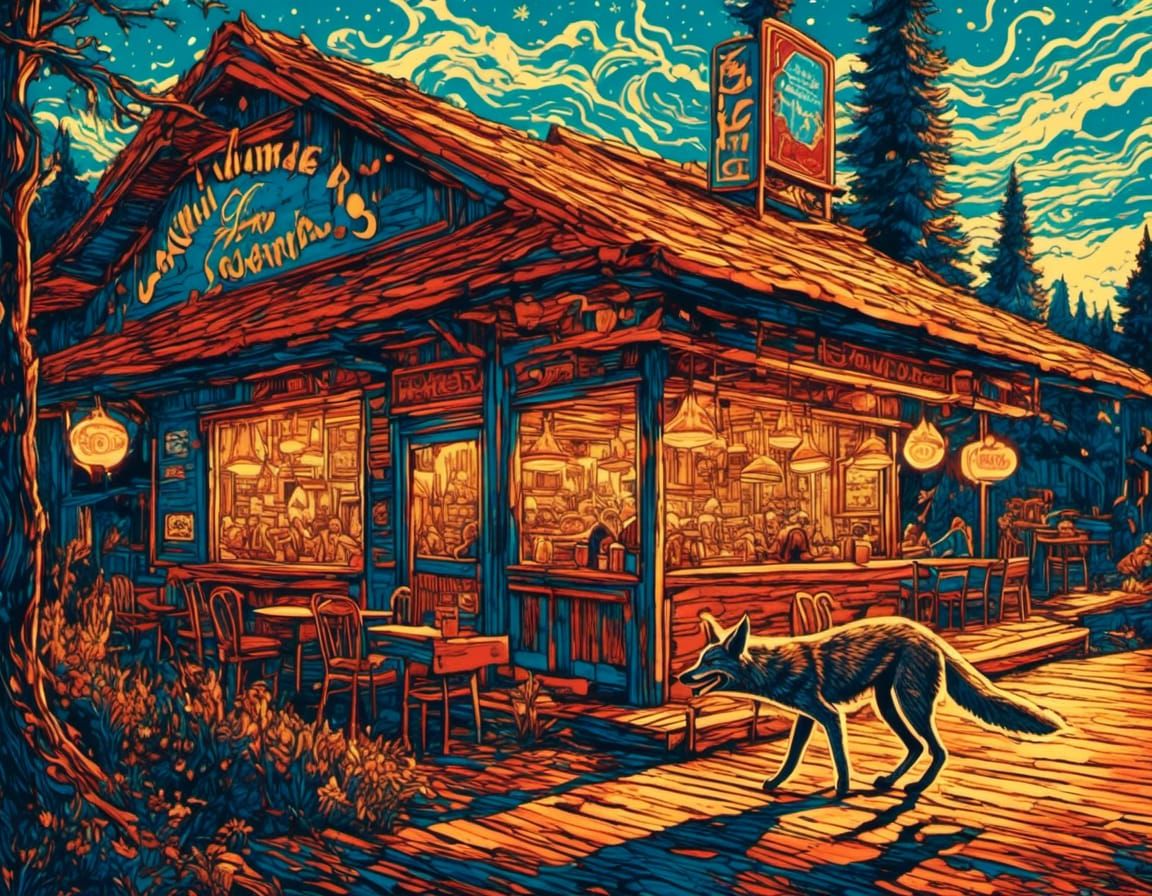Jovial Jackal's Fast Food Quest: Woodcut Illustration