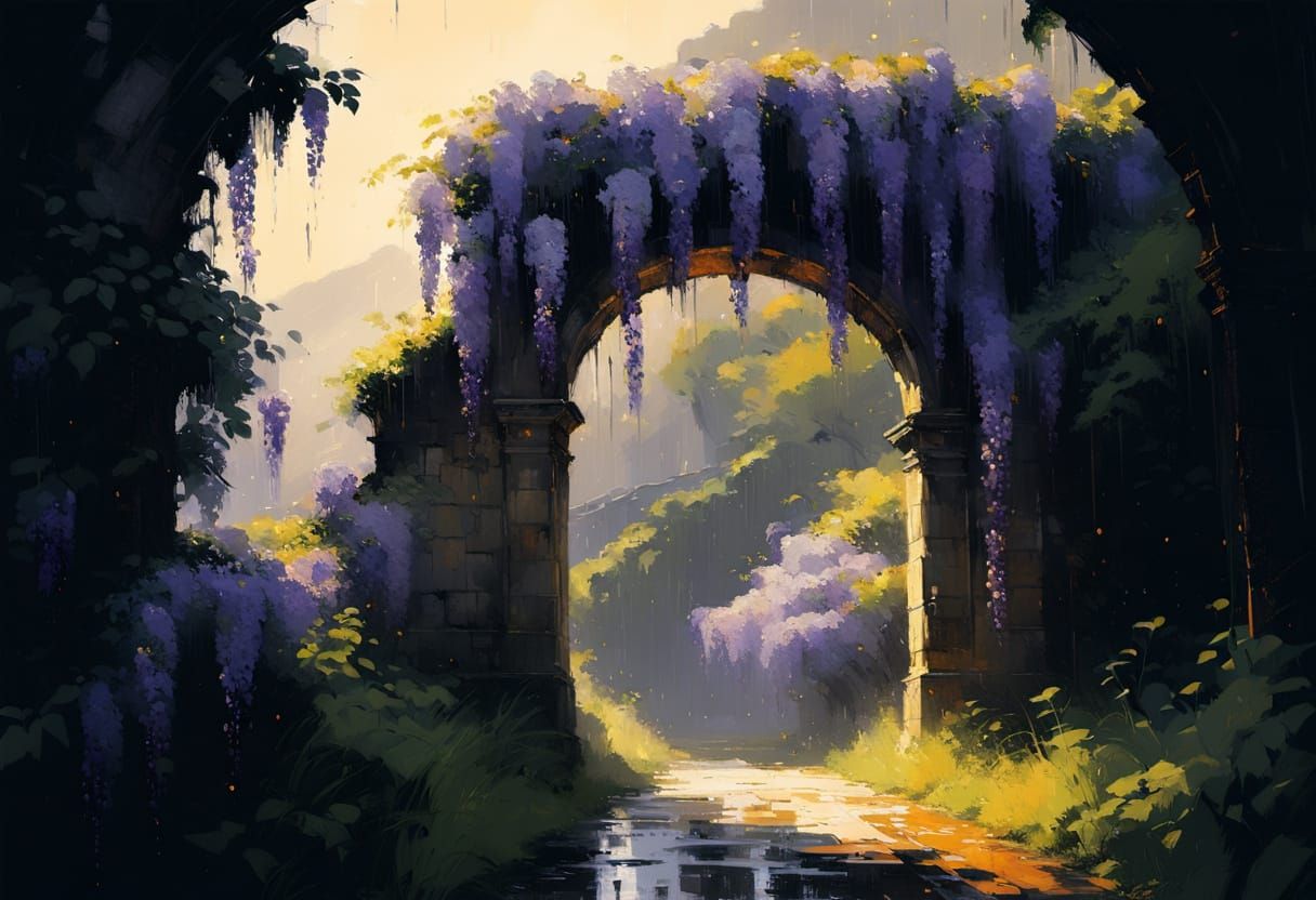 Ruined Archway in Summer Rain with Bokeh Light