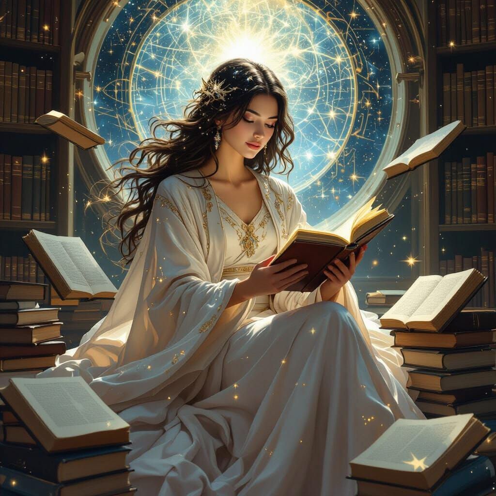 Celestial Librarian in Renaissance Style Library with Stardu...