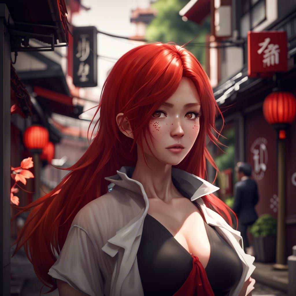 Anime Girl with Red Hair in Japanese Street Scene