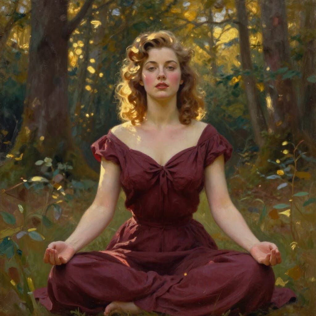1950s Pin-Up Serene in Forest Meditation Oil Painting