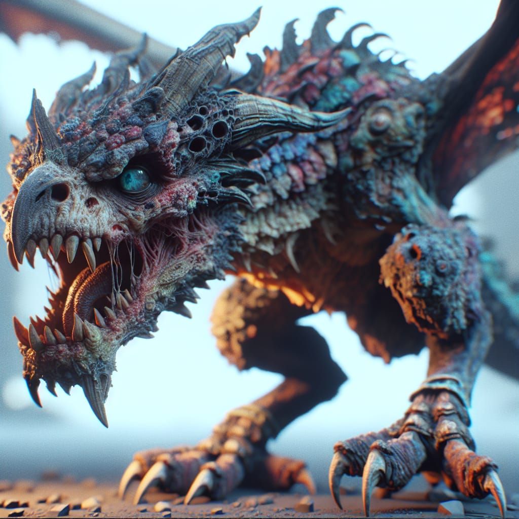 Menacing Zombie Dragon Caricature in Hyper-Realistic 3D
