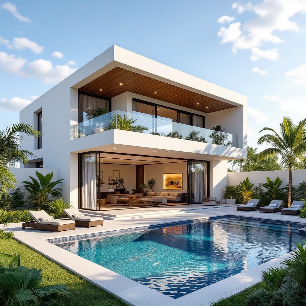 Modern House with Sundeck and Pool in 3D Render