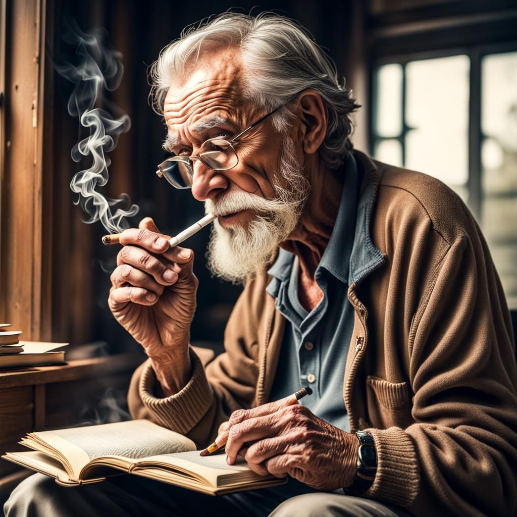 Old Man Smoking Joint and Reading