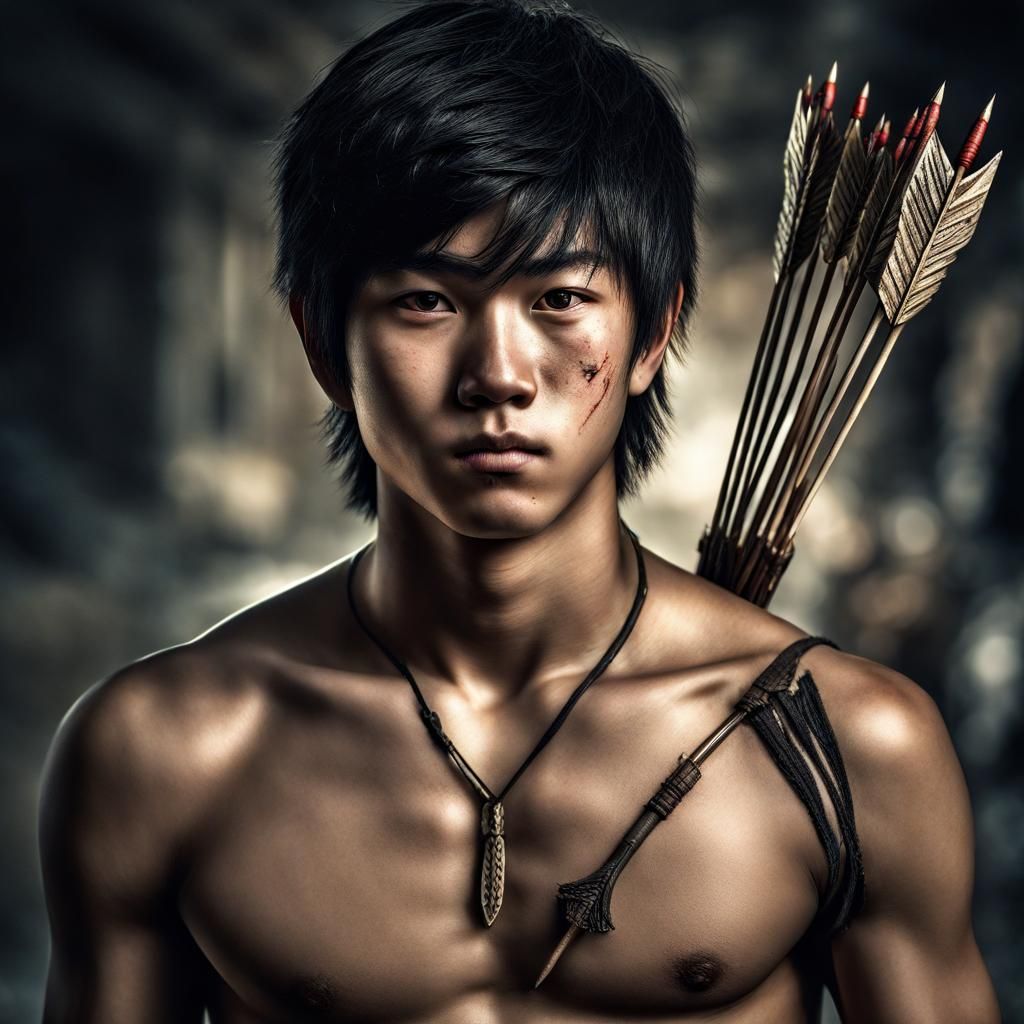 Asian Boy Mortally Wounded by Arrows in Hyperrealistic HDR