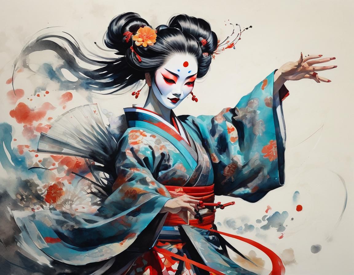 Kabuki Woman Dancing with Fan in Chinese Village