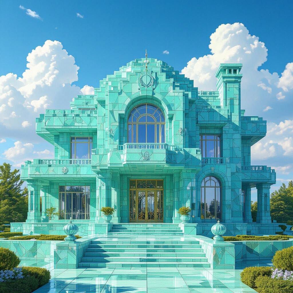 Realistic Gemstone Mansion Under a Clear Blue Sky