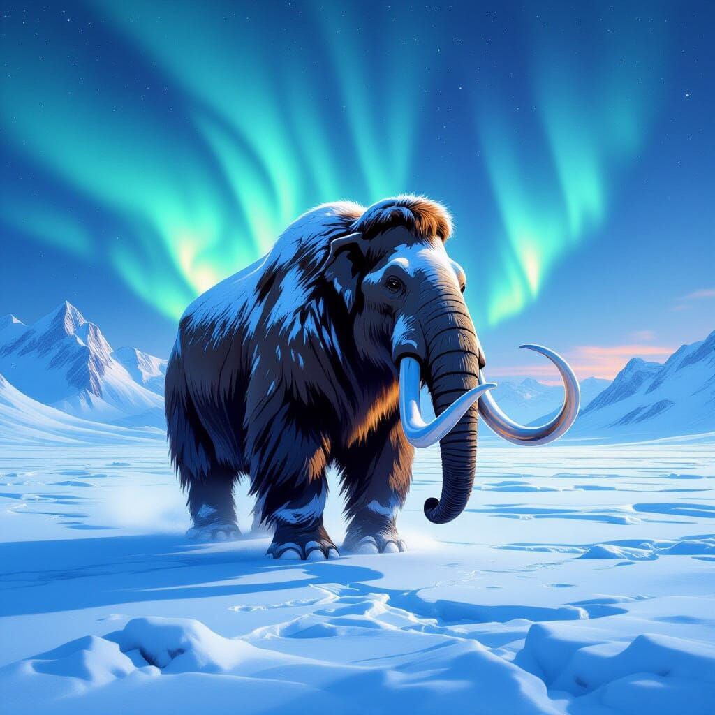 Woolly Mammoth Under Aurora Borealis, Bierstadt Style