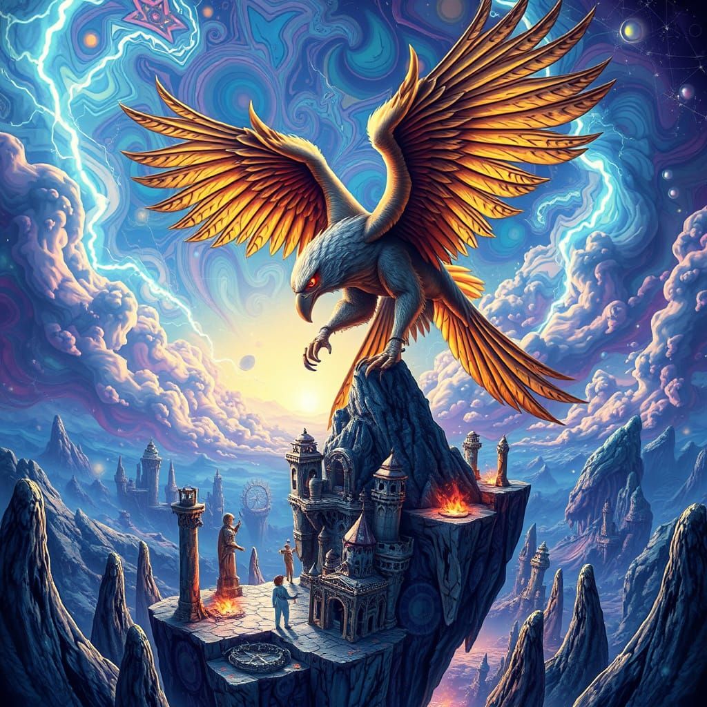 Majestic Griffin Soars Above Fractal Realms in Polychromatic...