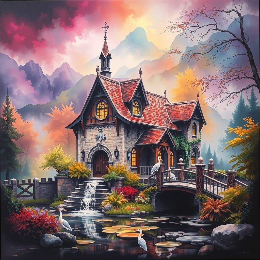 Mystical Autumn Scene in Whimsical Watercolor Style