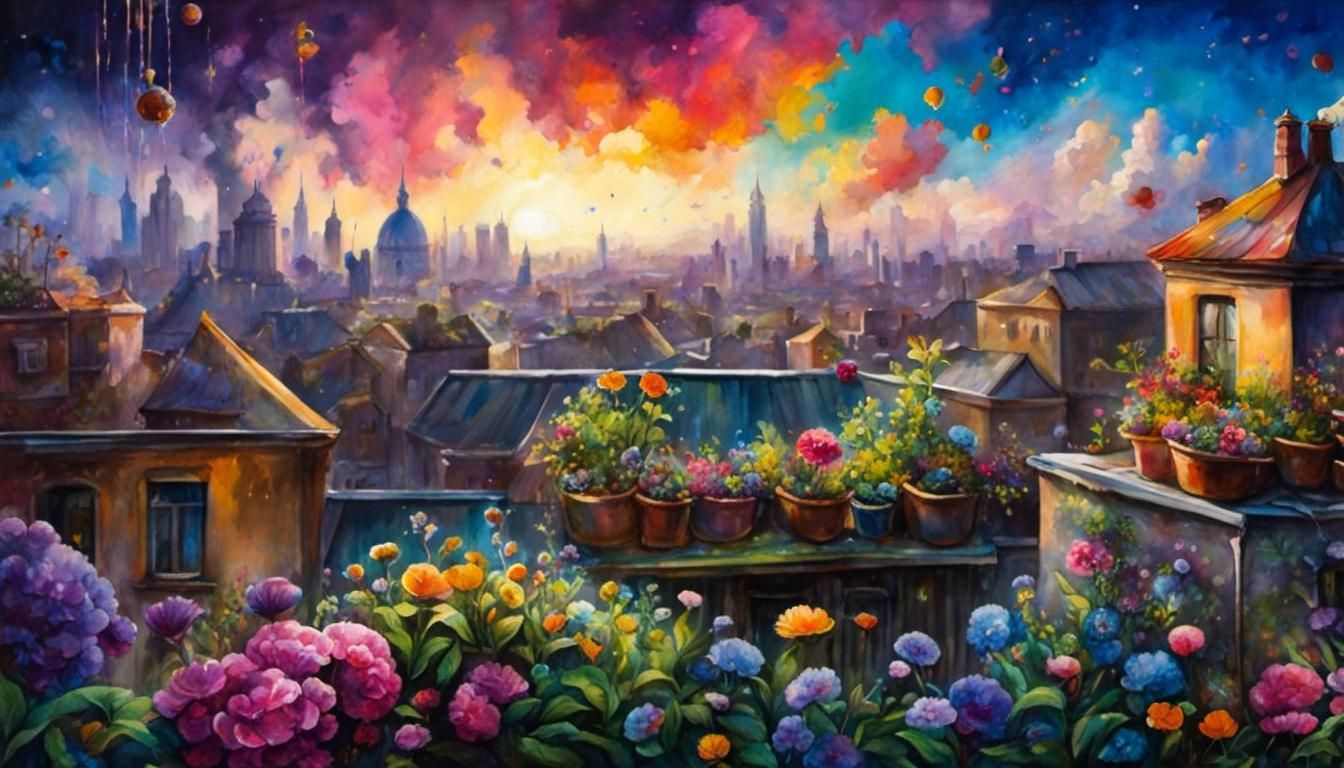 Rooftop Garden of Love: Splashy Watercolor Masterpiece