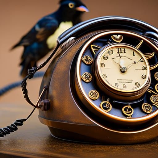 Steampunk Rotary Telephone with Raven in Art Deco Style