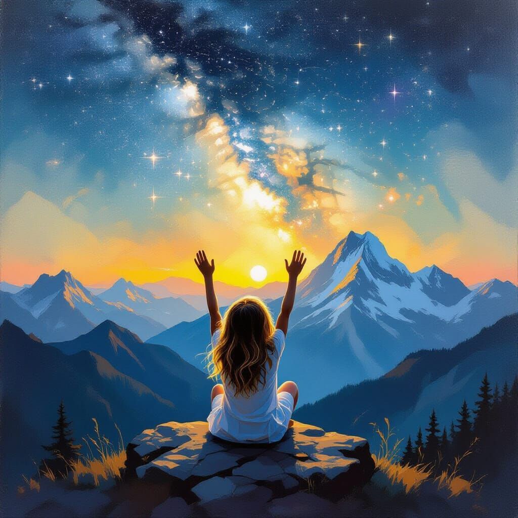 Girl Observes Milky Way from Mountain, Abstract Style