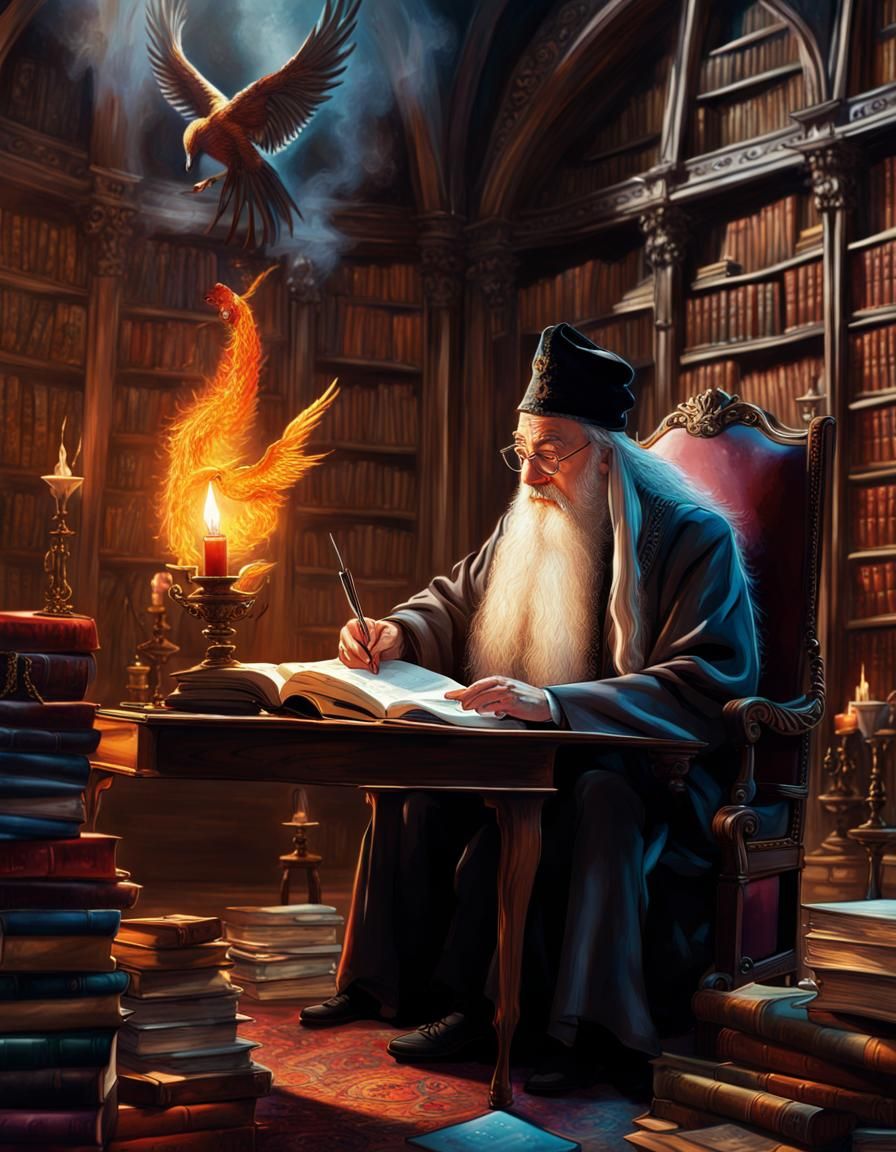 Wizard Studying with Phoenix in Gothic Library