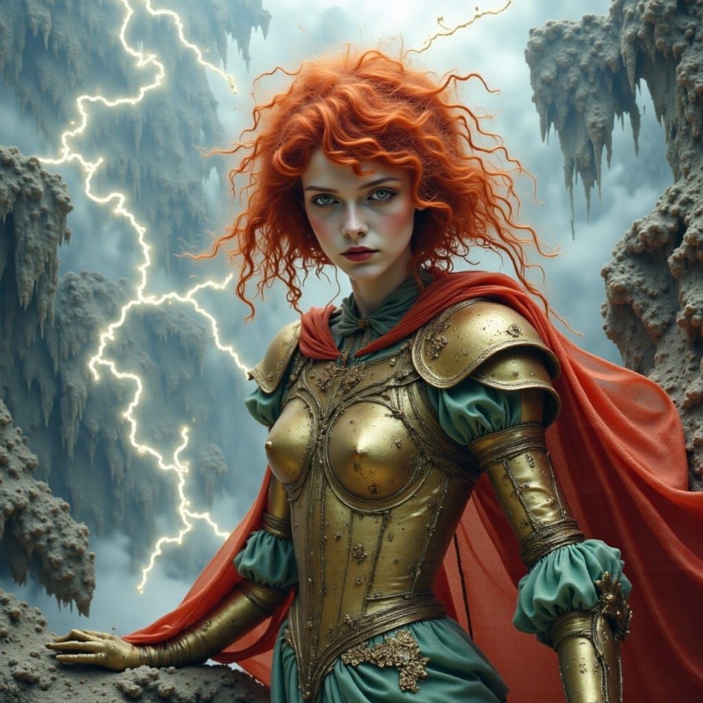 Valkyrie with Fiery Hair on Battlefield, Fantasy Art