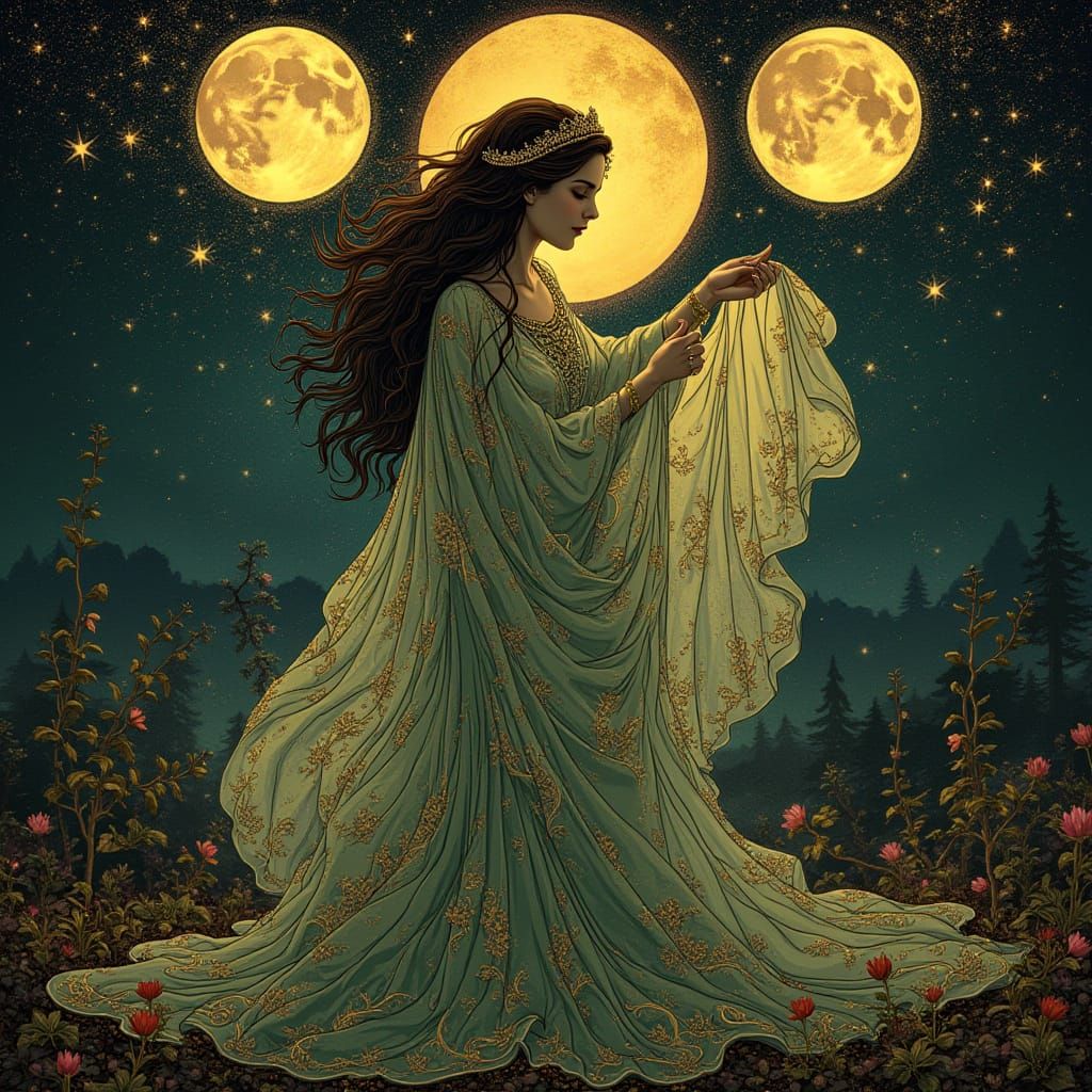 Hecate in Art Nouveau-Inspired Dreamscapes Under Full Moons