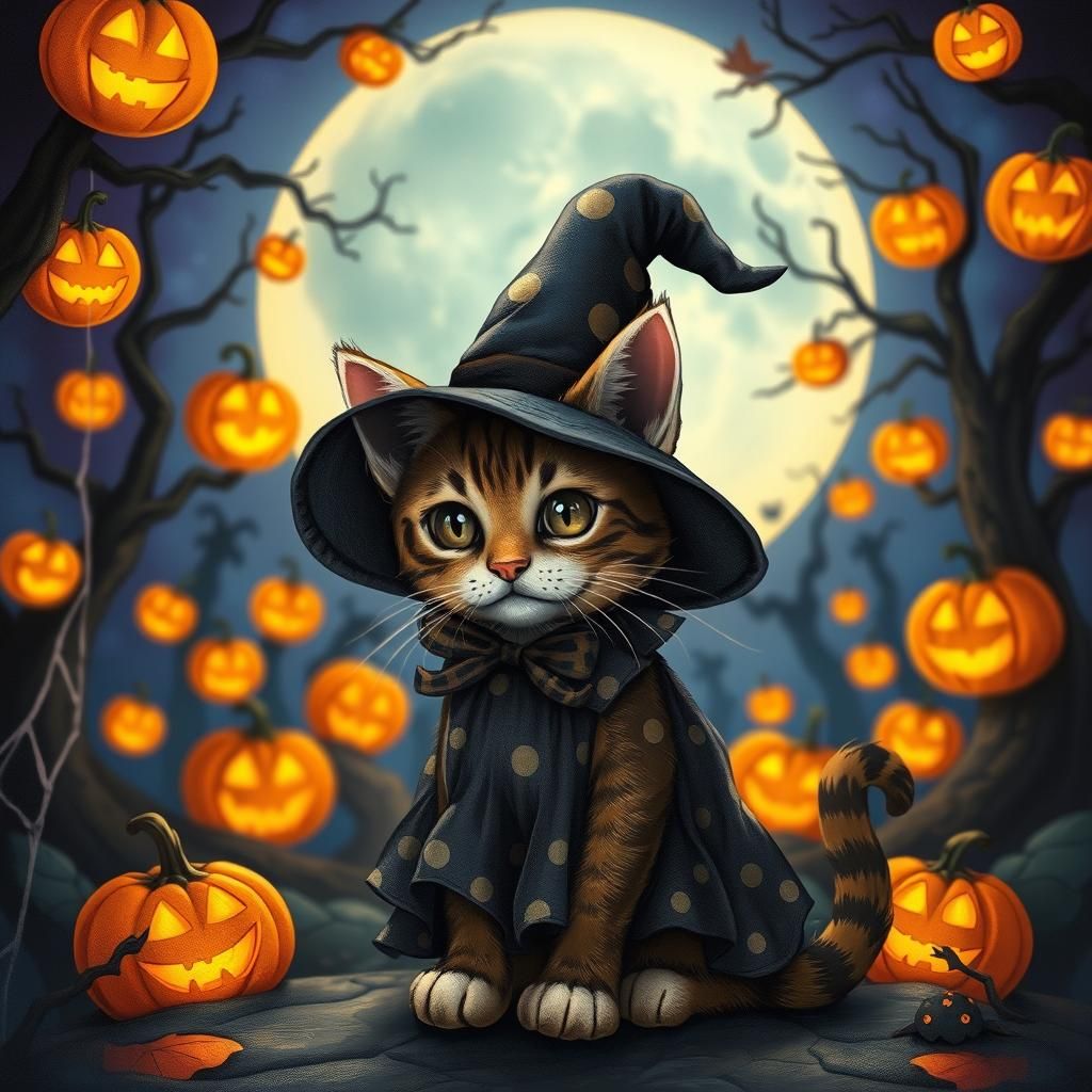 Halloween Cat in Whimsical Illustration Style