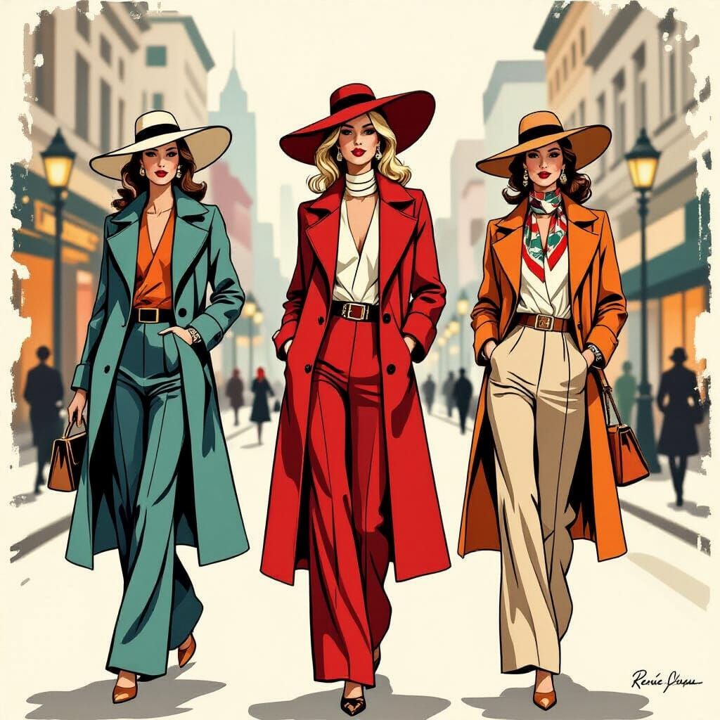 Elegant 1970s Fashion Illustration with Vintage Style